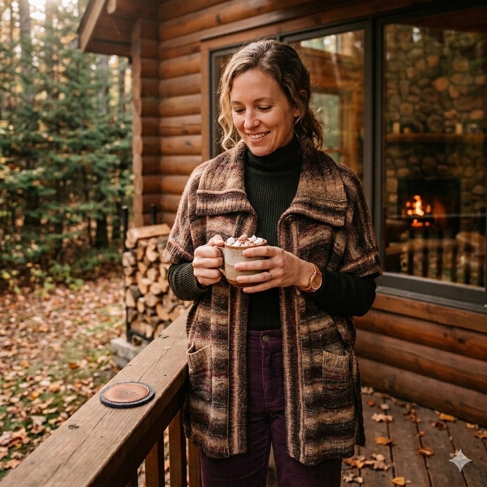 Jones New York Poncho Cardigan 1Sz Brown Striped Hygge Lagenlook Cabin Erthy